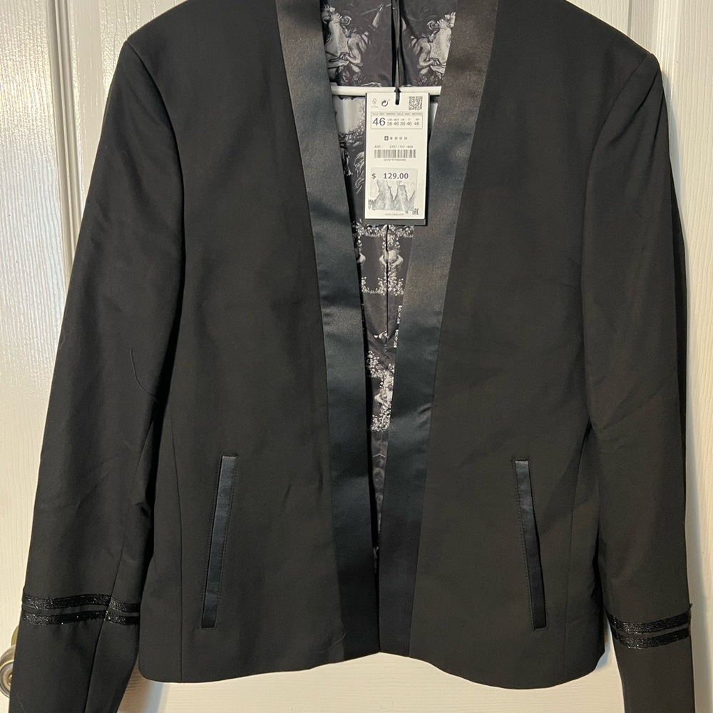 NWT Zara Black Matador Style Blazer with Modern Satin Accents- 36R
